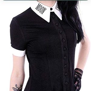 Women Black Punk Moon Print Gothic Blouse V Neck Button Down Top